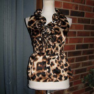 IZ Byer Leopard Ruffle Neckline Sleevelss Top S
